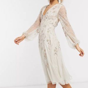 ASOS Midi Dress, Size 14, Floral Embellishments, Sheer Sleeves, Cream Color